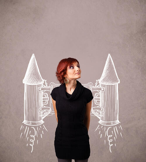 Cute young girl with jet pack rocket drawing illustration