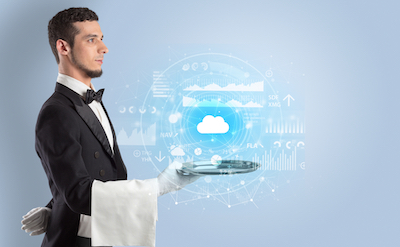 Elegant young waiter serving cloud technology concept