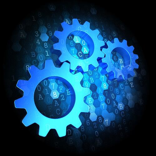 Blue Cogwheel Gear Mechanism Icon on Dark Digital Background