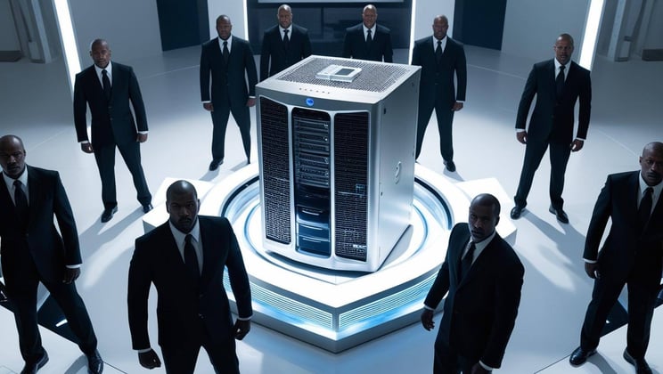 a data server surrounded by body guards in black suits(1)