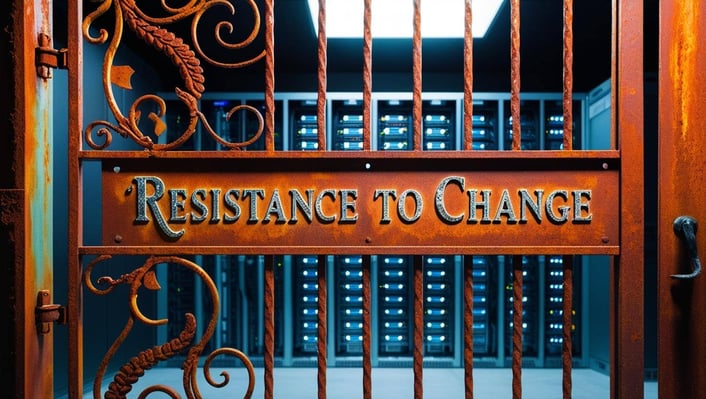 a rusty gate you can see through that says _resistance to change_ on it and has data servers behind it