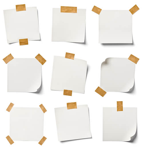 collection of  various white note papers on white background. each one is shot separately